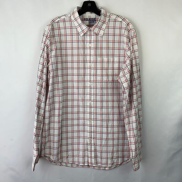 Old Navy Mens White Red & Navy Long Sleeve Button Up Plaid Shirt Size Large - Picture 1 of 12